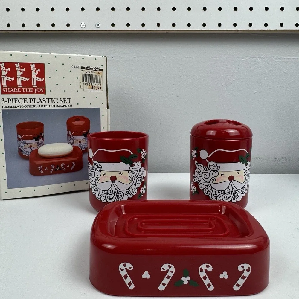 Vtg 90s Saturday Knight Ltd Santa Bathroom Set 3pc‎ Soap Dish Tumbler Holder USA